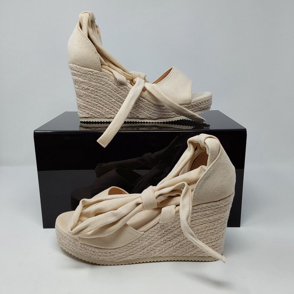 Womens Cream Espadrille Wedge Sandals Lace Up Ankle Wrap Platform Heels Size 7.5